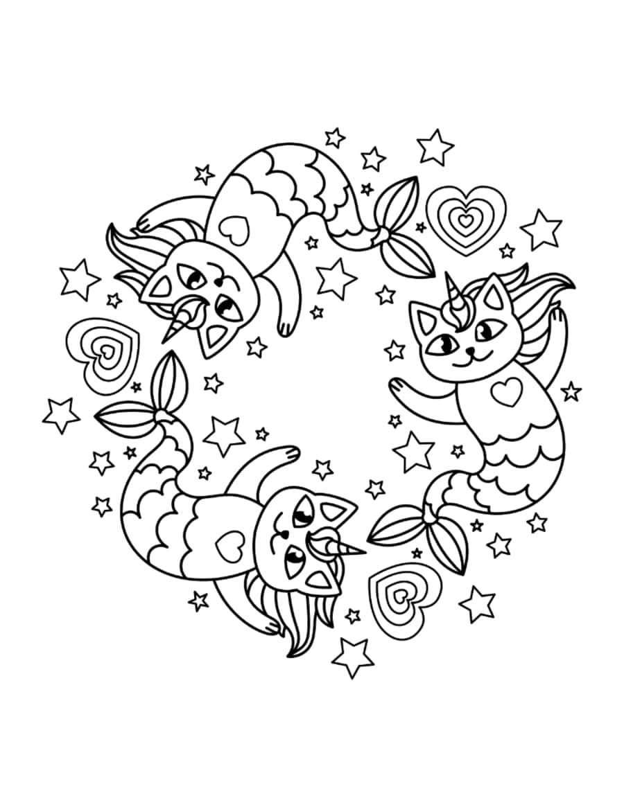 Mermaid Mercats Swimming Stars Hearts Cat Coloring Pdf Free Vectors